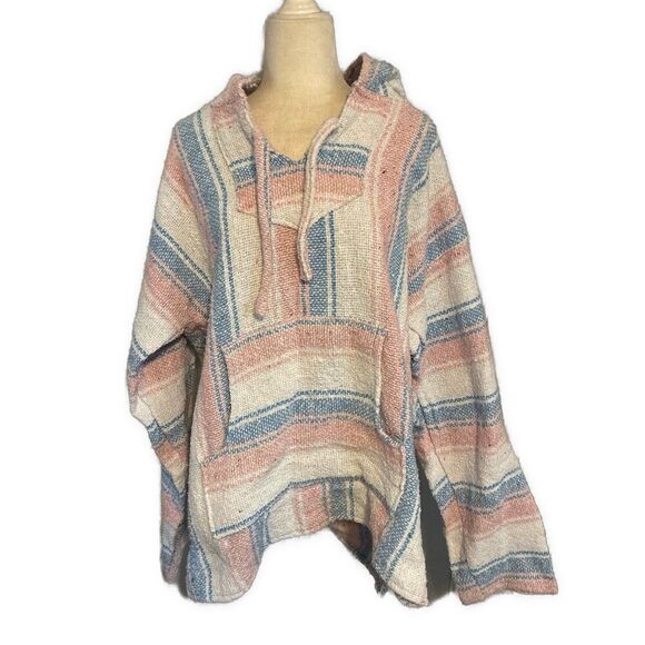 Artesanias Micky Pink Blue White Mexican Poncho Sweater Jacket Hoodie Xl - Picture 1 of 4